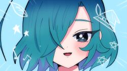  1girl :d blue_background blue_eyes blue_hair blush commentary hair_over_one_eye highres kimi_no_koto_ga_dai_dai_dai_dai_daisuki_na_100-nin_no_kanojo looking_at_viewer multicolored_hair musical_note nakaji_uto one_eye_covered open_mouth parody portrait purple_hair rinko_(precure_ydbg) short_hair simple_background smile solo star_(symbol) style_parody two-tone_hair 