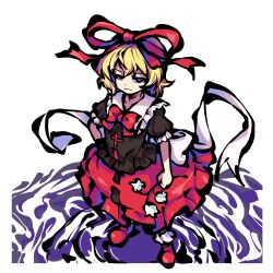  1girl blonde_hair blue_eyes bow bubble_skirt commentary_request flower frilled_shirt_collar frills full_body half-closed_eyes highres holding holding_flower lily_of_the_valley looking_at_viewer medicine_melancholy parody poison puffy_short_sleeves puffy_sleeves red_bow red_ribbon ribbon short_hair short_sleeves skirt standing style_parody tokiame_(style) tooooooooooooon touhou 