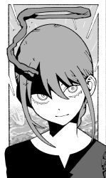  1girl black_shirt border braid chainsaw_man closed_mouth commentary greyscale hair_between_eyes halo highres light_smile long_hair looking_at_viewer lower_eyelashes_only makima_(chainsaw_man) monochrome nemaki_haru partially_shaded_face ringed_eyes shirt sidelocks single_braid solo untranslatable_commentary white_border 
