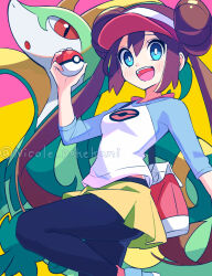  1girl bag black_pantyhose blue_eyes blush breasts brown_hair commentary_request donut_hair_bun double_bun hair_bun hat highres long_hair looking_at_viewer nikoru open_mouth pantyhose pantyhose_under_shorts poke_ball_print pokemon pokemon_(creature) pokemon_black_2_and_white_2 raglan_sleeves red_eyes rosa_(pokemon) serperior shirt shorts shoulder_bag small_breasts smile teeth twintails upper_teeth_only visor_cap yellow_shorts 