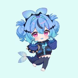 1girl :d black_hair black_jacket black_nails black_thighhighs blue_background blue_hair blue_nails chibi claw_pose commentary double_bun full_body gradient_hair hair_between_eyes hair_bun hair_intakes highres hitsukuya indie_virtual_youtuber jacket lazuli_(vtuber) long_sleeves looking_at_viewer multicolored_hair nail_polish no_shoes puffy_long_sleeves puffy_sleeves red_eyes simple_background smile solo spiked_tail standing standing_on_one_leg streaked_hair tail thigh-highs toeless_legwear toenail_polish toenails virtual_youtuber 
