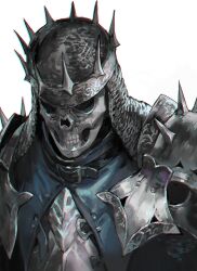  1boy aoin armor breastplate chainmail commentary_request crown facing_viewer haute_plate helm helmet knight male_focus mask original pauldrons portrait shoulder_armor simple_background skull_mask solo spiked_pauldrons spikes white_background 