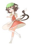  :d animal_ears apron brown_eyes brown_hair cat_ears cat_tail chen hat looking_at_viewer multiple_tails nakashino_setsu no_shoes open_mouth petticoat simple_background smile socks solo tail touhou turning white_background white_legwear 