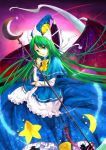  bow capelet chain chains crescent demon_wings dress ghost ghost_tail green_eyes green_hair hat highres long_hair mima neko_kuriya open_mouth smile solo sparkle staff star sun_(symbol) touhou touhou_(pc-98) wings wizard_hat 