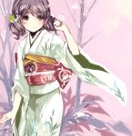  blush brown_eyes brown_hair butterfly drill_hair flat_chest floral_print flower hair_flower hair_ornament japanese_clothes kimono light_smile obi original pink_background solo standing tan_(tangent) ted twin_drills wide_sleeves wind 