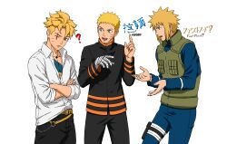  3boys absurdres bandaged_hand bandages bilingual_text black_jacket blonde_hair blue_eyes boruto:_two_blue_vortex boruto_(series) chest_tattoo commentary crossed_arms english_commentary father_and_child father_and_son flak_jacket frown grandfather_and_grandson highres hyperaintbad index_finger_raised jacket konohagakure_shinobi_uniform male_focus mixed-language_text multiple_boys namikaze_minato naruto_(series) open_mouth parent_and_child scar scar_across_eye scar_on_face shirt_partially_tucked_in smile spiky_hair tattoo time_paradox uzumaki_boruto uzumaki_naruto 