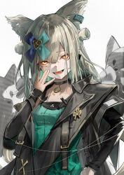  1girl absurdres animal_ears arknights black_choker black_jacket black_sleeves blue_ribbon breasts choker commentary_request coretton_(arknights) dress drill_hair fang ghost glowing glowing_eyes green_dress green_hair green_ribbon hair_between_eyes hair_ribbon hand_to_own_mouth highres infection_monitor_(arknights) jacket laughing liuyunnnn long_hair medium_breasts morpheus_(arknights) multicolored_ribbon open_mouth orange_eyes parted_bangs pendant_choker ribbon sleeves_past_wrists smile smug twin_drills very_long_hair white_background wolf_ears wolf_girl 