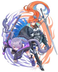  2girls absurdres armor bandaid bandaid_on_face bandaid_on_nose blue_hair breasts chest_jewel commentary earrings english_commentary feathers gem ghosttbyun gloves grey_hair hair_ornament highres hololive hololive_english jacket jewel_under_eye jewelry koseki_bijou koseki_bijou_(casual) long_hair multicolored_hair multiple_girls official_alternate_costume orange_hair ponytail short_hair skirt takanashi_kiara takanashi_kiara_(knight) violet_eyes virtual_youtuber 