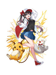  1girl absurdres baseball_cap black_hair blue_eyes blue_skirt character_request crossover haedungi_(shirayuki_hina) hair_between_eyes hat highres holding holding_poke_ball long_hair looking_at_viewer navel open_mouth pleated_skirt poke_ball pokemon pokemon_(creature) ponytail saio425 shirayuki_hina skirt smile stellive thighs virtual_youtuber white_background 