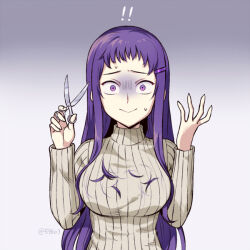  ! !! 1girl breasts closed_mouth commentary cutting_hair cutting_own_hair doki_doki_literature_club english_commentary gloom_(expression) gradient_background grey_sweater holding holding_scissors long_hair long_sleeves nan_(gokurou) official_alternate_costume purple_hair scissors severed_hair simple_background solo sweatdrop sweater third-party_source twitter_username upper_body violet_eyes yuri_(doki_doki_literature_club) 