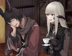  1boy 1girl animal_ears au_ra black_gloves black_horns closed_eyes commentary_request commission cup dragon_horns earrings final_fantasy final_fantasy_xiv gloves highres holding holding_cup horns jewelry kiukoma long_hair open_mouth scales skeb_commission table teacup teeth upper_teeth_only violet_eyes white_hair 