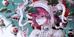  1girl akiakane antlers aqua_background bow buckle closed_mouth collar complementary_colors dress fantasy frilled_hairband frilled_sleeves frills green_eyes growing_out_of_body hair_between_eyes hair_ornament hairband halo hand_up highres horns jewelry lace_trim lantern looking_at_animal mesh mitsudomoe_(shape) original pink_eyes pink_hair puffy_sleeves short_hair short_sleeves smile snake snap-fit_buckle snow snowing tomoe_(symbol) tree white_collar white_dress white_hairband white_scales zipper 