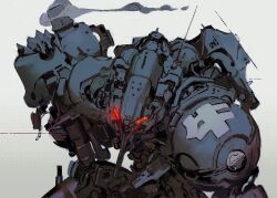  1other armor fins full_armor glowing glowing_eyes halftone halftone_background highres hunched_over jnt joints looking_at_viewer mecha no_humans non-humanoid_robot red_eyes robot simple_background smoke smoking_pipe solo upper_body white_background 