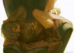  1girl armchair barefoot between_legs blue_hair buttons chair collared_shirt commentary fang grey_shirt grey_skirt hair_between_eyes hair_intakes hand_between_own_legs hand_on_own_head hdf5sv highres legs lying medium_hair on_chair open_mouth original pleated_skirt shirt skirt solo untranslatable_commentary 