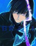 black_hair blue_eyes darker_than_black doraeshi electricity expressionless gloves glowing glowing_eye hei highres male signature solo 