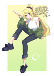  1girl :p black_shoes blonde_hair blue_pants blush border breasts closed_mouth dated food full_body gradient_background green_background green_jacket highres holding holding_food holding_popsicle invisible_chair jacket knee_up large_breasts long_hair long_sleeves looking_at_viewer magia_record:_mahou_shoujo_madoka_magica_gaiden mahou_shoujo_madoka_magica off_shoulder open_clothes open_jacket outside_border pants ponytail popsicle red_eyes serizawa_serizane shirt shoes sitting smile solo togame_momoko tongue tongue_out twitter_username watermark white_border white_shirt yellow_background 