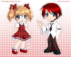  1boy 1girl arm_belt artist_name black_choker black_shoes blouse blue_eyes blush_stickers bow brown_hair choker clothes_grab collared_shirt commentary dated dated_commentary deformed dress dress_ribbon earrings english_commentary expressionless frilled_socks frills full_body hair_bow hand_on_own_hip hand_up jewelry necktie open_mouth original outline pants pink_ribbon plaid_bow plaid_clothes plaid_dress plaid_necktie plaid_pants pointing pointing_up puffy_short_sleeves puffy_sleeves red_hair red_shoes ribbon shirt shoes short_sleeves sidelocks signature smile socks standing stud_earrings twintails white_outline white_shirt white_socks wide_sleeves wing_yun_man 