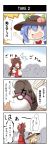  4koma beni_shake blonde_hair bow brown_hair chibi comic crowd detached_sleeves fang food fruit hair_bow hair_tubes hakurei_reimu hat hat_ribbon highres hinanawi_tenshi kirisame_marisa master_ball miko multiple_girls open_mouth peach poke_ball pokemon ponytail ribbon shirt skirt surprised touhou translation_request witch witch_hat 