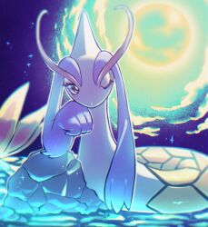  alternate_color animal_focus arm_rest artist_name backlighting blurry bright_pupils chromatic_aberration clouds commentary_request depth_of_field full_moon green_moon half-closed_eye hand_on_own_chin head_rest highres looking_to_the_side milotic moon night no_humans one_eye_closed outdoors pokemon pokemon_(creature) rock s_(esumi_kihomaru) shiny_pokemon sideways_glance signature solo star_(sky) underlighting white_pupils yellow_eyes 