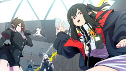  1other 3girls absurdres ambiguous_gender arknights armband ascot black_hair black_jacket closure_(arknights) commentary cross doctor_(arknights) english_commentary entelechia_(arknights) gloves hair_between_eyes hair_horns highres hood hooded_coat jacket long_hair long_sleeves looking_at_viewer multiple_girls open_clothes open_jacket open_mouth pale_skin pointy_ears red_cross red_eyes red_gloves revision rhodes_island_logo_(arknights) samacho short_hair vampire warfarin_(arknights) white_armband white_ascot white_hair 