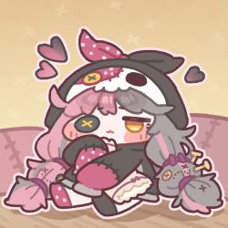  1girl barong_(trickcal) black_hoodie blush_stickers chibi chibi_only closed_mouth commentary_request eyepatch full_body grey_hair grey_streaks heart hood hood_up hoodie jitome korean_commentary long_hair long_sleeves monyami multicolored_hair outline patchwork_clothes pink_hair pink_streaks sitting sleeves_past_fingers sleeves_past_wrists solo split-color_hair streaked_hair trickcal two-tone_hair white_outline yellow_background yellow_eyes 