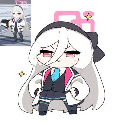  1girl :3 audxo black_hairband black_jacket black_skirt black_thighhighs blazer blue_archive blue_necktie blush chibi chibi_only collared_shirt commentary_request double-parted_bangs game_screenshot_inset hair_between_eyes hairband halo hands_on_own_hips highres jacket kei_(blue_archive) kei_(student)_(blue_archive) korean_commentary long_hair long_hair_between_eyes long_sleeves looking_at_viewer necktie open_clothes open_jacket pink_halo pleated_skirt rectangular_halo red_eyes reference_inset screenshot_inset shirt simple_background skirt smug sparkle thigh-highs v-shaped_eyebrows very_long_hair white_background white_hair white_jacket zettai_ryouiki 