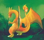  bandage bandages breathing_smoke charizard claws commentary flame full_body green_background highres looking_at_viewer looking_back no_humans pokemon pokemon_(creature) purplekecleon red_eyes signature smoke solo standing tail-tip_fire 