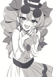  1girl bangle blush bow bracelet commentary_request dress drill_hair eyewear_on_head greyscale hair_between_eyes hat hat_bow highres jewelry katayama_kei long_hair looking_at_viewer monochrome necklace open_mouth own_hands_together pendant round_eyewear sleeveless sleeveless_dress smile solo steepled_fingers sunglasses top_hat touhou twin_drills yorigami_jo'on 