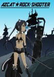  animal_ears bikini_top black_hair black_rock_shooter black_rock_shooter_(character) black_rock_shooter_(cosplay) boots brown_eyes cat_ears cat_tail cosplay gloves glowing glowing_eyes k-on! midriff nakano_azusa navel oku_no_shi short_shorts shorts solo stitches sword tail twintails weapon 