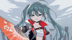  1girl ahoge ashika_(yftcc948) black_vest chest_sarashi closed_mouth collarbone commentary_request double-parted_bangs elbow_gloves fingerless_gloves gloves green_eyes green_hair grey_gloves hair_between_eyes hair_intakes hand_fan hatsune_miku highres holding holding_fan long_hair looking_at_viewer open_clothes open_vest sarashi signature smile solo twintails twitter_username upper_body v-shaped_eyebrows vest vocaloid 