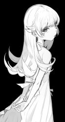  1girl black_background commentary_request dress highres howe_(howe_lib) long_hair looking_at_viewer monochrome monogatari_(series) open_mouth oshino_shinobu ribbon simple_background solo 