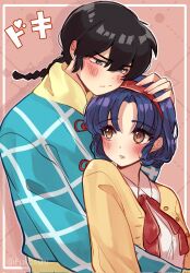  1boy 1girl black_hair blue_hair blush braid brown_eyes closed_mouth commentary english_commentary fukosshi hand_on_another's_head height_difference hetero highres hug parted_lips pink_background pink_lips ranma_1/2 saotome_ranma saotome_ranma_(male) short_hair single_braid split_mouth tendou_akane upper_body 