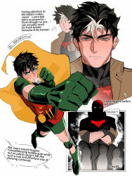  batman_(series) batman_symbol belt black_gloves black_hair bodysuit brown_jacket commentary_request dc_comics dual_persona e2_yhxloki gloves green_eyes grey_bodysuit highres jacket jason_todd male_focus mask multicolored_bodysuit muscular muscular_male open_clothes pants red_hood_(dc) red_hood_and_the_outlaws red_mask robin_(dc) short_hair superhero_costume taut_bodysuit taut_clothes two-tone_bodysuit utility_belt 