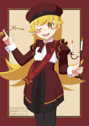 1girl :d absurdres banner black_dress black_thighhighs blonde_hair blush candle candlestand commentary_request cuffs dress fang hat highres holding holding_candle holding_candlestand holding_key juliet_sleeves key keyring loli long_hair long_sleeves monogatari_(series) necktie one_eye_closed open_mouth oshino_shinobu pointy_ears red_dress simple_background smile thigh-highs yellow_eyes yukito_mougen