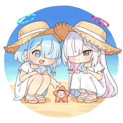  2girls animalization arona_(blue_archive) beach blue_archive blue_eyes blue_hair border chibi choker colored_inner_hair commentary_request day doodle_sensei_(blue_archive) dress grey_hair hair_over_one_eye halo hat long_dress long_hair medium_dress multicolored_hair multiple_girls onyhakase outdoors pink_hair plana_(blue_archive) round_border sandals sensei_(blue_archive) short_sleeves squatting starfish streaked_hair sun_hat very_long_hair white_choker white_dress white_hair 
