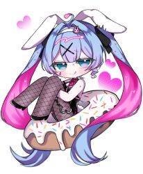  1girl :q animal_ears bare_shoulders black_leotard black_shoes blue_hair blunt_bangs blush bow bowtie brown_pantyhose chibi chibi_only closed_mouth commentary_request double-parted_bangs doughnut fishnet_pantyhose fishnets food full_body green_eyes hair_intakes hairband hatsune_miku heart high_heels highres jitome leotard long_hair looking_at_viewer maro_maro_3939 multicolored_hair pantyhose pink_hair playboy_bunny rabbit_ears rabbit_hole_(vocaloid) red_bow red_bowtie shoes simple_background smile solo tongue tongue_out twintails two-tone_hair very_long_hair vocaloid white_background white_hairband 