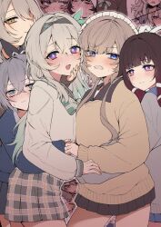 5girls alternate_costume blue_eyes blush bow bowtie brown_hair columbina_(genshin_impact) company_connection firefly_(honkai:_star_rail) firefly_(spring_missive)_(honkai:_star_rail) genshin_impact green_bow green_bowtie grey_hair hairband highres honkai:_star_rail honkai_(series) hug hug_from_behind in-franchise_crossover long_hair mihoyo multiple_girls official_alternate_costume pinponpaaru plaid_bow plaid_bowtie plaid_clothes plaid_skirt sandrone_(genshin_impact) school_uniform shirt silver_wolf_(honkai:_star_rail) skirt stelle_(honkai:_star_rail) trailblazer_(honkai:_star_rail) violet_eyes white_shirt yellow_eyes yuri 