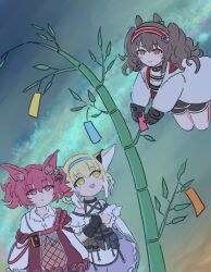  3girls angelina_(arknights) animal_ear_fluff animal_ears arknights bamboo black_collar black_gloves black_shorts blonde_hair blue_hairband braid braided_hair_rings brown_hair coat collar commentary_request dress dutch_angle floating fox_ears fox_girl gloves green_eyes hair_ribbon hair_rings hairband highres holding holding_tanzaku infection_monitor_(arknights) jacket long_hair long_sleeves looking_at_another medium_hair milky_way multicolored_hairband multiple_girls open_clothes open_coat open_jacket otofu987 outdoors own_hands_together paper purple_shirt red_eyes red_hairband red_jacket ribbon shamare_(arknights) shirt short_shorts shorts single_glove star_(sky) strap_slip striped_clothes striped_hairband suzuran_(arknights) tanabata tanzaku twilight twintails two-tone_hairband white_coat white_dress 