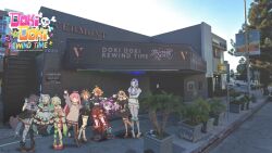  3am 6+girls :d absurdres ahoge animal_ears antenna_hair asymmetrical_legwear bare_shoulders black_dress black_headdress black_shoes black_thighhighs blonde_hair blue_eyes blue_hair blue_shirt blue_tail boots bow buruhas chibidoki_(vtuber) closed_eyes closed_mouth coat commentary crystal_horns dokibird dooby dress english_commentary eye_mask eyepatch ferret_ears ferret_girl fishnet_top fishnets fur_coat gloves gradient_hair green_dress green_eyes green_hair green_jacket green_thighhighs grey_boots grey_sweater hair_between_eyes hair_bow hair_ornament hair_over_one_eye heart heart_eyepatch highres horns indie_virtual_youtuber jacket limealicious limealicious_(1st_costume) long_hair long_sleeves looking_at_viewer maid_headdress mask mini_party_hat mint_fantome mismatched_legwear mismatched_thighhighs monarch_amalee monarch_amalee_(winter) multicolored_hair multiple_girls mumble_(shachimu) navel nimi_nightmare nimi_nightmare_(goth) off-shoulder_dress off_shoulder open_mouth outdoors pants photo_background pink_dress pink_hair pointy_ears raccoon_ears raccoon_girl raccoon_tail red_pants red_streaks shirt shoes short_hair smile snuffy_(idol)_(vtuber) snuffy_(vtuber) socks standing streaked_hair sweater tail tapir_ears tapir_girl thigh-highs torn_clothes torn_pants triangular_headpiece turtleneck turtleneck_sweater twintails virtual_youtuber white_coat white_gloves white_hair white_thighhighs x_hair_ornament 