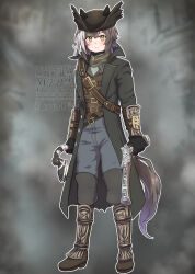  absurdres animal_ears belt boots breasts collarbone commentary_request full_body gloves gun hair_between_eyes hair_ornament handgun highres horse_ears horse_girl jacket looking_at_viewer ribehachi simple_background small_breasts standing tail titleholder_(umamusume) umamusume weapon 