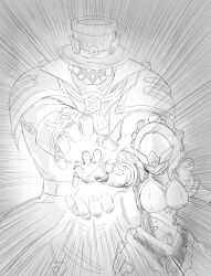  ascot breasts capelet curled_fingers cyclops derivative_work dragon_ball dragon_ball_z emphasis_lines eye_mask facing_viewer fagio_(genshin_impact) father-son_kamehameha foreshortening gears genshin_impact greyscale hat headdress highleg highres kamehameha_(dragon_ball) mask mechanical_arms medium_breasts monochrome mystical_high_collar no_humans one-eyed open_hands outstretched_arm outstretched_arms parody pulonia_(genshin_impact) robot_boy robot_girl scene_reference suit tama_(tamathersky) top_hat 