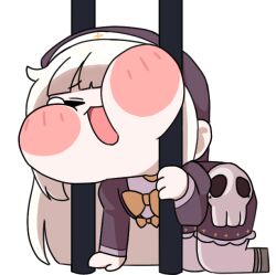 1girl all_fours black_coif black_dress blonde_hair blunt_bangs blush bow bowtie chibi chibi_only commentary_request dress full_body ingppwa iron_bars korean_commentary long_hair long_sleeves meme open_mouth simple_background skull solo speaki_(trickcal) speakiposting_(meme) stuck trickcal white_background yellow_bow yellow_bowtie 