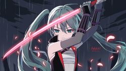  1girl ahoge ashika_(yftcc948) bare_shoulders chest_sarashi closed_mouth clouds commentary_request elbow_gloves fingerless_gloves gloves green_eyes green_hair grey_gloves hair_between_eyes hair_intakes hatsune_miku highres holding holding_sword holding_weapon long_hair looking_at_viewer night open_clothes open_vest outdoors rain sarashi signature solo sword twintails twitter_username upper_body v-shaped_eyebrows vest vocaloid weapon 
