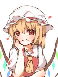  1girl ascot blonde_hair blood blood_on_clothes blood_on_face blood_on_hand blush closed_mouth collared_shirt commentary_request crystal crystal_wings fang fang_out flandre_scarlet frilled_shirt_collar frills hat heart highres looking_at_viewer mob_cap multicolored_wings red_eyes red_vest shirt simple_background smile solo subhituzi495 touhou upper_body vest white_background white_hat white_shirt wings yellow_ascot 