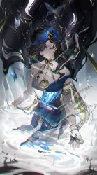 1girl armlet bare_shoulders black_hair blue_butterfly blue_dress blue_veil bug butterfly chromatic_aberration closed_mouth dress evening_gown floating_hair gold_choker hair_floating_upwards highres isolde_(reverse:1999) isolde_(the_last_fluttering_beat)_(reverse:1999) jewelry looking_down maliketh official_alternate_costume partially_submerged reverse:1999 sleeveless sleeveless_dress smile solo upper_body veil violet_eyes water 