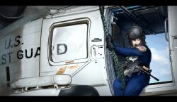  1girl absurdres aircraft american_flag armor assault_rifle black_hair blue_jumpsuit combat_helmet commentary english_commentary gun headphones helicopter helmet highres holding holding_rope jumpsuit m4_carbine original rifle rope shoulder_armor the_zombie5555 united_states_coast_guard weapon 