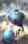  azurill blue_eyes blue_skin bubble full_body grey_background highres no_humans pokemon pokemon_(creature) purplekecleon signature smile solo underwater water wink 