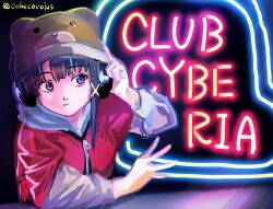  1girl :| animal_hat asymmetrical_hair beanie bear_hat black_eyes black_hair closed_mouth commentary_request hair_ornament hat headphones iwakura_lain jacket long_sleeves neon_sign rasu_(pixiv9799832) serial_experiments_lain solo twitter_username upper_body x_hair_ornament zipper_pull_tab 
