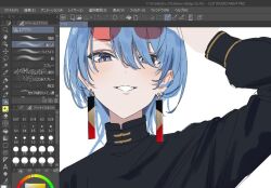  1girl art_program_in_frame black_shirt blue_eyes blue_hair clip_studio_paint clip_studio_paint_(medium) dot_nose earrings eyebrows_hidden_by_hair eyewear_on_head gold_trim grin hair_between_eyes hair_over_one_eye half-closed_eyes hand_on_own_head hololive hoshimachi_suisei hoshimachi_suisei_(oriental_suit) jewelry large_earrings light_blush long_sleeves looking_at_viewer mandarin_collar medium_hair official_alternate_costume official_alternate_hairstyle parted_bangs portrait red-tinted_eyewear round_eyewear shino_12a shirt sidelocks smile solo sunglasses swept_bangs tinted_eyewear virtual_youtuber 