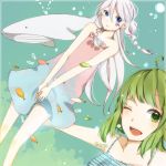  blue_eyes braid dress fish green_eyes green_hair gumi hiiro ia_(vocaloid) looking_at_viewer multiple_girls open_mouth short_hair smile twin_braids underwater vocaloid whale wink 